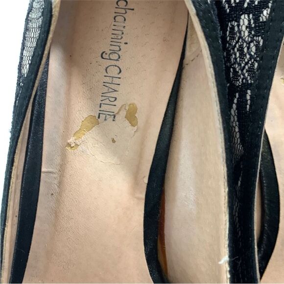 Charming Charlie | Black and Cream Bow Peep Toe Lace Pumps Heels - Picture 3 of 6
